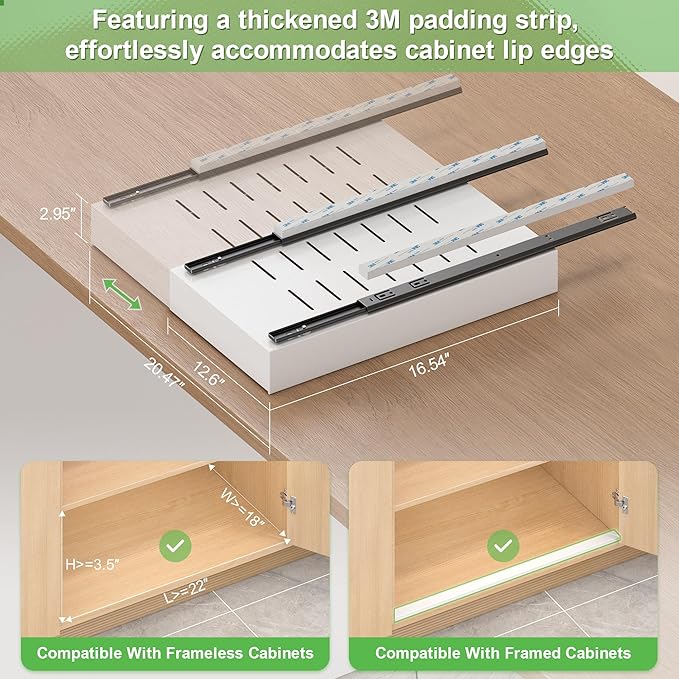 Expandable Pull-Out Cabinet Organizer - White, 16.54" D x Adjustable Width 12.6-20.47", No Drill Adhesive Installation with 3-Slide Rails for Kitchen Storage (2 Pack)