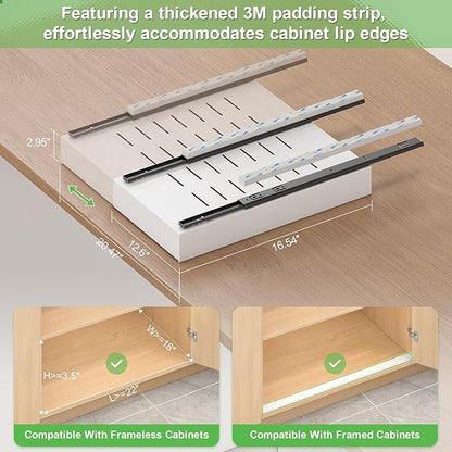 Expandable Pull-Out Cabinet Organizer - White, 16.54" D x Adjustable Width 12.6-20.47", No Drill Adhesive Installation with 3-Slide Rails for Kitchen Storage (2 Pack)