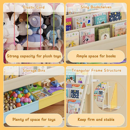 B5 Kids Bookshelf and Toy Storage, Book Shelf for Kids Rooms, Sling Toddler Book Shelves with Stuffed Animal Storage, Montessori Baby Bookcase for Nursery, Bedroom, Playroom, Blue and Yellow
