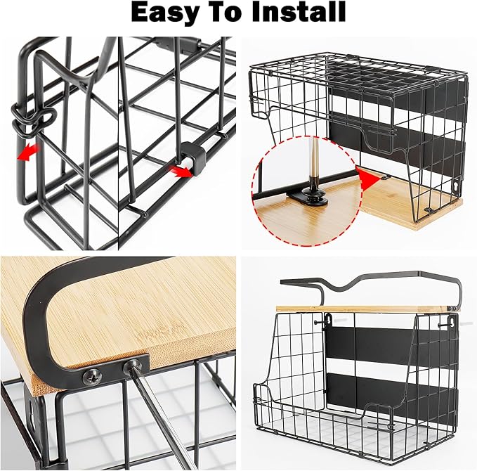 Livabber Magnetic Fridge Organizer Basket with Wood Shelf, Large Fruit Vegetable Storage Bin, Spices Snacks Condiments Rack for Kitchen Pantry, Laundry Room, Office, Magnetic or Wall Mount (Black)