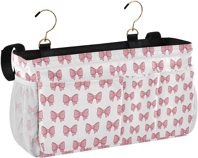 Jihqo Bedside Caddy Hanging Storage Bag Pink Bows Bedside Organizer Caddy for Bunk, Dorm Room, Hospital Beds - Place Magazines / Remotes / Keys