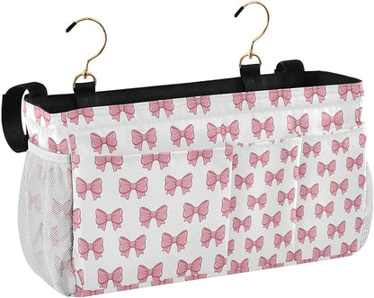 Jihqo Bedside Caddy Hanging Storage Bag Pink Bows Bedside Organizer Caddy for Bunk, Dorm Room, Hospital Beds - Place Magazines / Remotes / Keys