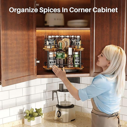 Lazy Susan Organizer Spice Rack - Spice Organization for Cabinet Height Adjustable Rotating Lazy Turntable, Pantry Kitchen Wood Revolving Seasoning Organizer (12 Inch)