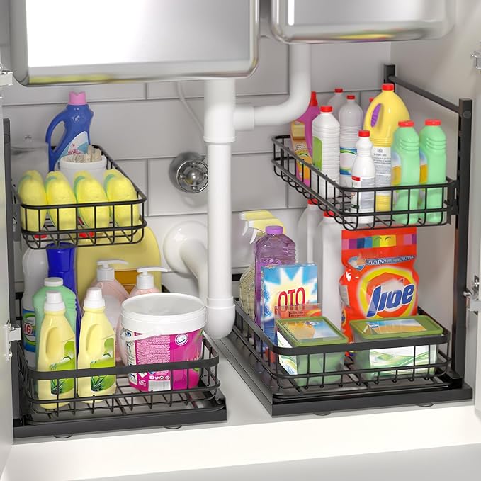 Under Sink Organizer, Adjustable Height Pull-Out Kitchen Storage Organization,15.8" x 11.8" x 16.5", 2-Tier Kitchen Shelf, Bathroom Drawer Organizer, 2 Pack|Black