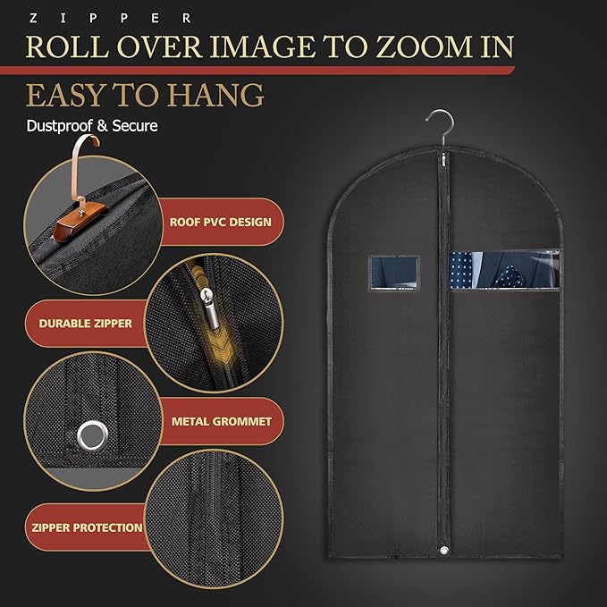 10 Pack 40-inch Garment Bags for Travel, Garment Bags for Hanging Clothes with Zipper and Visible Transparent Window，Black