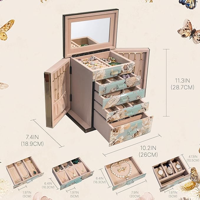 Homruilink High End Glass Jewelry Box - 5 Layer Jewelry Organizer with 2-Sided Doors and Mirror - Velvet-Lined Organizer For Ring, Necklace, Earring, Bracelet Storage - Christmas Gift For Women