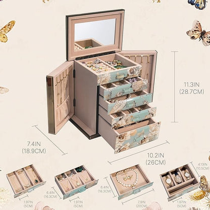 Homruilink High End Glass Jewelry Box - 5 Layer Jewelry Organizer with 2-Sided Doors and Mirror - Velvet-Lined Organizer For Ring, Necklace, Earring, Bracelet Storage - Christmas Gift For Women