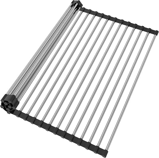 TYZUIAW Roll Up Dish Drying Rack for Over Sink - 17.5"x15.7" Foldable Stainless Steel Kitchen Drainer, Black