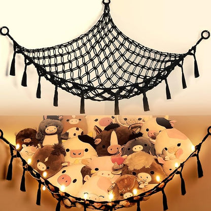 Stuffed Animal Net or Hammock with Light,Yewiwin Macrame Hanging Net Hammock for Stuffed Animal Toy Storage Organizer Boho Decor Room Holder for Nursery Play Room Bedroom (Black(55"*55"*72"))