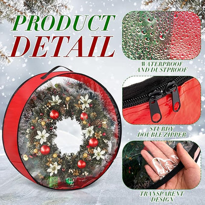 4 Pcs Christmas Wreath Storage Bag, Christmas Garland Storage Container with Clear Window, Zipper & Handle for Xmas Holiday Seasonal Wreath Garland Box(Red,36")