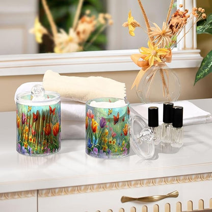 MNSRUU 2 Pack Qtip Holder Organizer Dispenser Easter Garden Tulips Daffodils Bathroom Storage Canister Cotton Ball Holder Bathroom Containers for Cotton Swabs/Pads/Floss