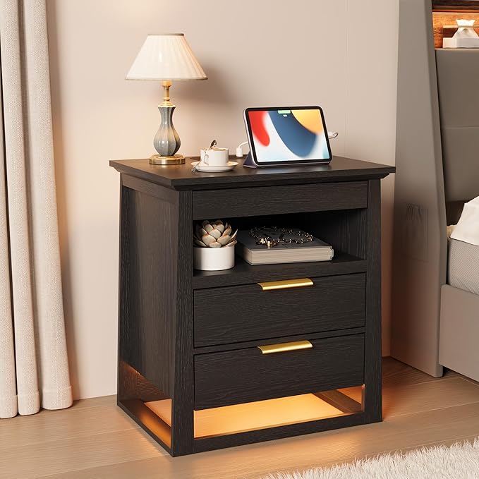 Rresyet 3 Drawer Nightstand with Charging Station & LED Lights & Open Shelf, Modern Night Stand with Storage, Wooden Bedside Table for Bedroom Room, Office (Black)