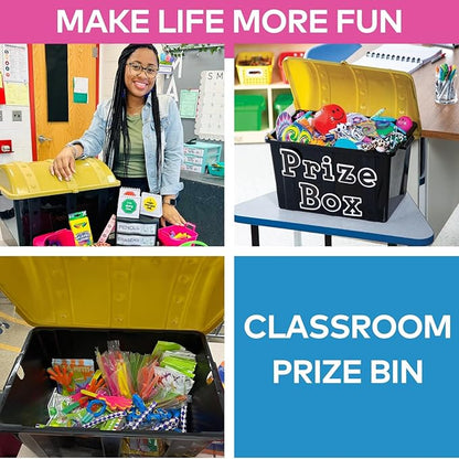 Fun Express Large Plastic Toy Treasure Chest - Premium Classroom Storage Prize Box for Teachers | Pirate-Themed Reward Container with Secure Lid | Black & Gold Design | 19" x 11.5" x 11" Capacity