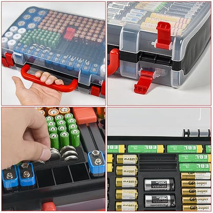 Double-Sided Battery Storage Organizer Case with BT-168 Tester, Holds 269, Fits AA AAA AAAA C D 9V 18650 CR123A CR2 23A 4LR44 and Coin Cells, Water-Resistant, Portable Handle - Black