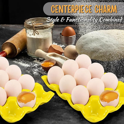 Flexzion 12 Cups Ceramic Egg Holder for Fridge - Dozen Ceramic Egg Tray Porcelain Container Storage Organizer Decorative Serving Stand Serveware for Refrigerator Countertop Display (Yellow, 2 Pack)