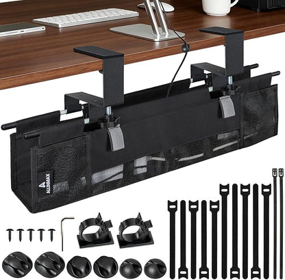 Fabric Under Desk Cable Organizer - Desk Cord Organizer with 20-Piece Cable Management Kit, Easy Installation with Clamp or Screw Mount for Standing Desk Cable Management, Home and Office