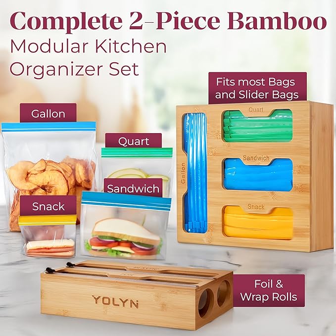 Bamboo Kitchen Storage Bag Organizer, Drawer Organizer with Foil Dispenser, Bamboo Organizer for Sandwich Bags, Plastic Wrap, Baggie and Foil, Premium Kitchen Drawer Organizer
