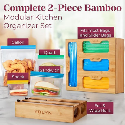 Bamboo Kitchen Storage Bag Organizer, Drawer Organizer with Foil Dispenser, Bamboo Organizer for Sandwich Bags, Plastic Wrap, Baggie and Foil, Premium Kitchen Drawer Organizer