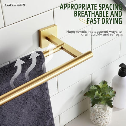 KOKOSIRI Bathroom Towel Bars Double Bath Towel Holders for Toilet Kitchen Cabinet Wall Mount 24 Inch Brushed Gold Stainless Steel B5005BG-L24