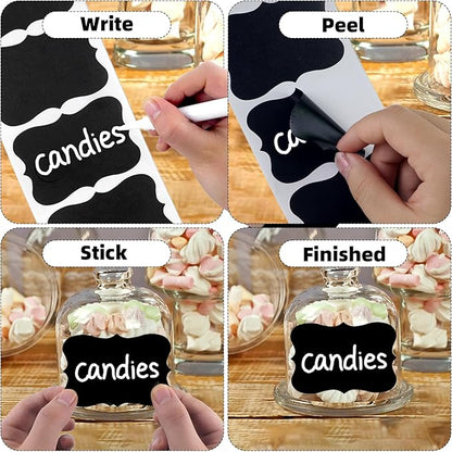 200 Pcs Chalkboard Labels,2.83x1.95 IN Reusable Labels With 1 Liquid Chalk Markers Removable Labels,Suitable for Mason Jars Storage Boxes Food Containers Storage Jars Kitchen Food Spice Storage(Black)
