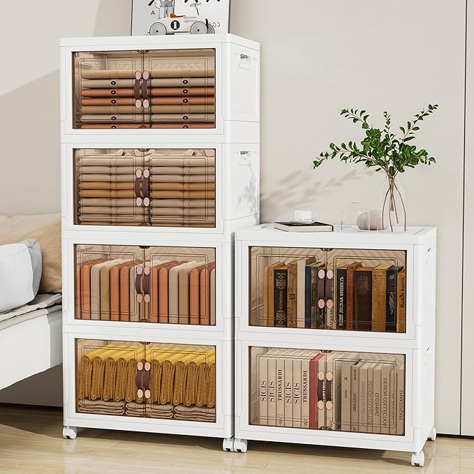 Vavkorkula Storage Bins with Lids and Wheels, 220QT-110QT*2Tier Collapsible Bathroom Storage Cabinet with Clear Doors, Plastic Stackable Closet Organizers and Containers White