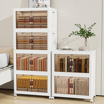 Vavkorkula Storage Bins with Lids and Wheels, 220QT-110QT*2Tier Collapsible Bathroom Storage Cabinet with Clear Doors, Plastic Stackable Closet Organizers and Containers White