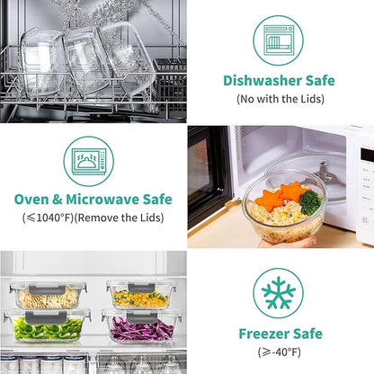 34pcs Glass Food Storage Containers with Lids Set, Airtight Glass Meal Prep Containers (17 Containers & 17 Lids), Leak Proof Lunch Container BPA-Free, Microwave, Oven, Freezer, Dishwasher Safe-Grey