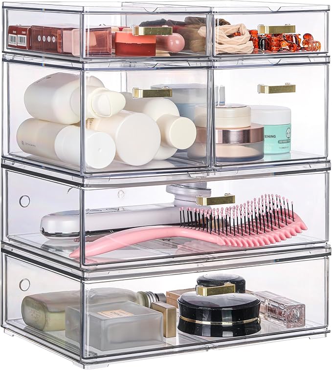 Stackable Storage Drawers, 6 Pack Clear Acrylic Organizer Bins with Golden Handles, Multi-Size Plastic Drawers for Makeup, Vanity, Kitchen, Bathroom, Office, Under Sink & Cabinet Organizatio