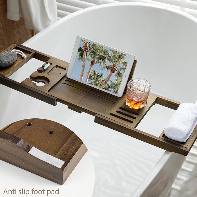 Realgulf Teak Bathtub Tray | Adjustable Width Tray with Wine Holder, Tablet/Phone & Book Stand, Splash-Proof for Bath Time- Walnut