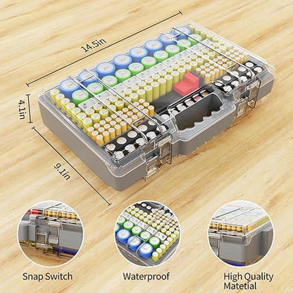 Battery Organizer Storage Holder Box Case with Tester, Ultra-Large 280+ Batteries Double-Sided Variety Pack,Holds AA AAA 4A C D Cell 9V 3V Lithium18650 LR44 CR2 CR123 CR1632 - Gray