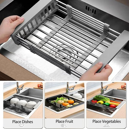 Large Dish Drying Rack for Kitchen Counter/Sink, Expandable Stainless Steel Sink Organization and Storage Essentials, Home and Appartment Decor, 8.86" W x 11.22"-18.5" L,Grey