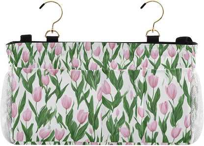CuwrYet Bedside Caddy Hanging Bunk Bed Caddy Bed Organizer Hanging Pocket with 2 Hooks Bedside Storage Organizer Pocket Bag Holder Small Tulips Pink