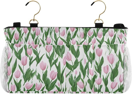 CuwrYet Bedside Caddy Hanging Bunk Bed Caddy Bed Organizer Hanging Pocket with 2 Hooks Bedside Storage Organizer Pocket Bag Holder Small Tulips Pink