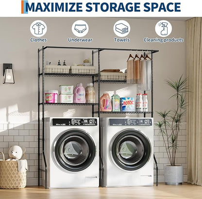GarveeHome Over Washer and Dryer Storage Shelves, 4 Tiers Above Washer Dryer Storage Rack for Laundry Room Organization, Adjustable Height Clothes Drying Rack with Hanger Rod & Hook, Black