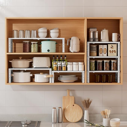 Metal Stackable Expandable Storage Shelf - Multi-Functional Home Storage Shelf, Suitable for Kitchen, Cabinet，Bathroom, Office, Garage, etc.（2PACKS/White/Medium