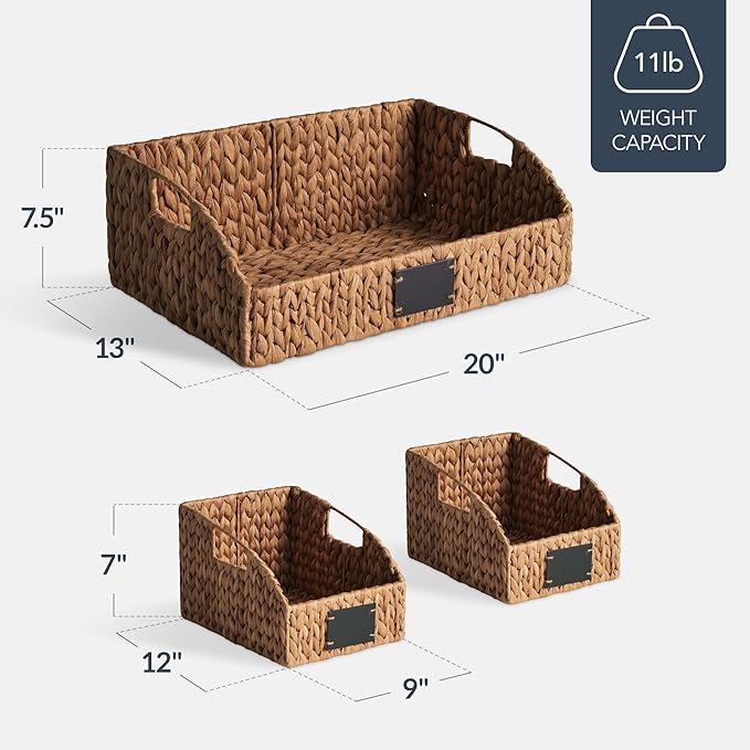 Best Choice Products Natural Hyacinth Angled Pantry Storage Baskets, Large Woven Wicker Storage Bins w/Handles, Storage Container Baskets for Shelves, Chalkboard Label & Marker (Set of 3) – Chestnut
