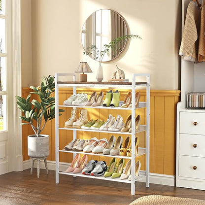Shoe Rack for Front Door Entrance, 5 Tier Shoe Rack for Entryway, 16-20 Pairs of Shoes, Metal Shoe Racks Organizer, Free Standing Shoe Racks for Closet, Garage, Outdoor (White+Beige)