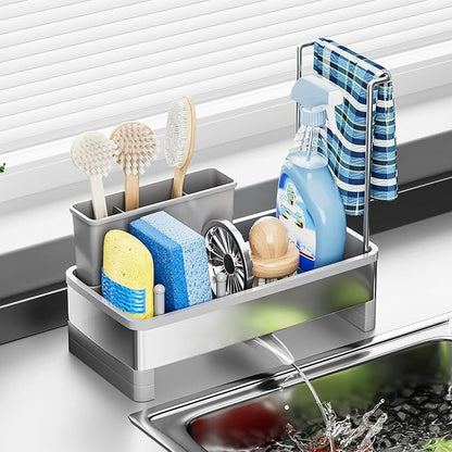 SOVGIZF Sponge Holder for Kitchen Sink,Sink Caddy Organizer with Removable Brush Holder,Kitchen Countertop Soap Dispenser Storage with Detachable Towel Rack, Grey