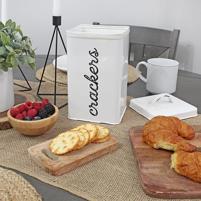 AuldHome Design Rustic White Cracker Tin; Square Enamelware Classic Cracker Canister