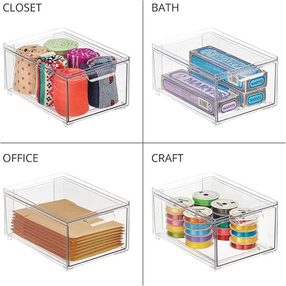 mDesign Stackable Storage Containers Box with Pull-Out Drawer - Stacking Plastic Drawers Bins for Kitchen Pantry and Cupboard, Cabinet, Counter, Island and Tables - Lumiere Collection - 4 Pack - Clear