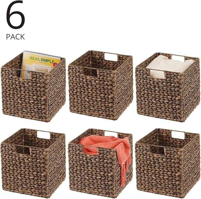 mDesign Natural Woven Hyacinth Cube Organizer Basket with Handles, Storage for Bathroom, Laundry Room Shelf or Nursery - Perfect for Cubby Storage Units - Hold Blankets and Books - 6 Pack, Brown Wash