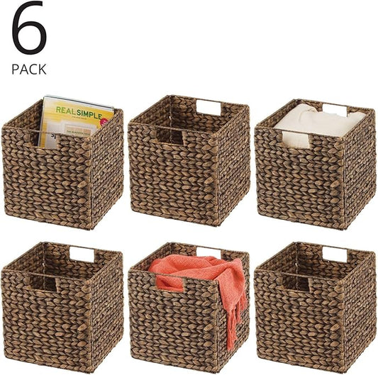 mDesign Natural Woven Hyacinth Cube Organizer Basket with Handles, Storage for Bathroom, Laundry Room Shelf or Nursery - Perfect for Cubby Storage Units - Hold Blankets and Books - 6 Pack, Brown Wash