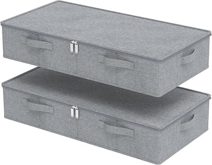 ENUMAIL Underbed Storage Bin, Foldable Under Bed Flat Baskets Organizer, Container boxes with Lid for Organizing Clothes, Sheets, Blankets, Comforter, 31.4x15.7x5.9in, Grey, 2 Pack