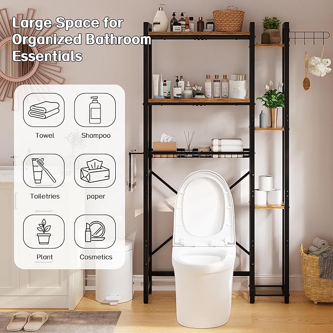 Insdiy Over The Toilet Storage with Side Shelf, 7 Tier Bathroom Organizer Rack with Paper Holder, Hooks and Basket, Freestanding Above Toilet Shelf for Laundry, Quick Interlock Install (Vintage Brown)