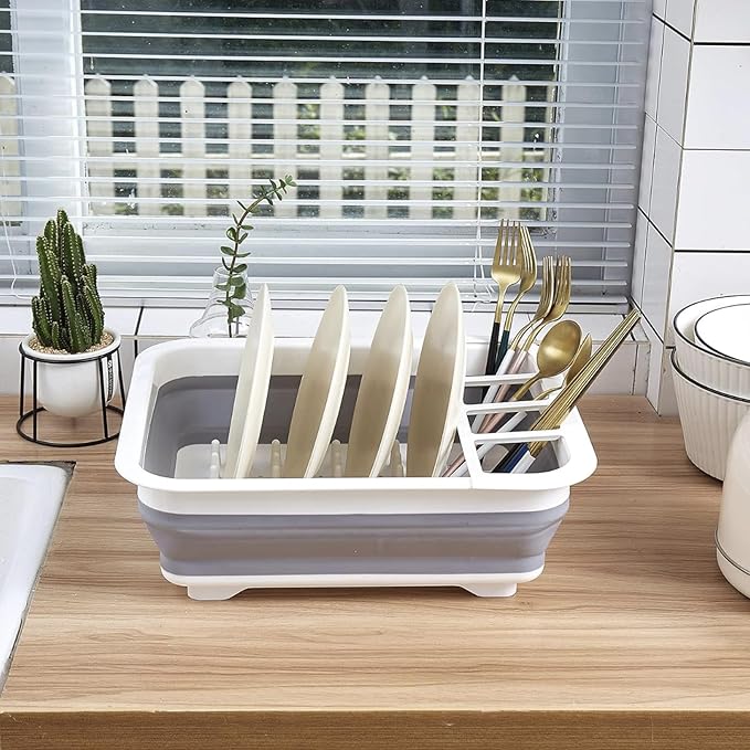 Collapsible Dish Drying Rack - Portable Foldable Dish Drainer with Utensil Holder for Kitchen, RV, Camping, Small Spaces - Space Saving Storage Organize