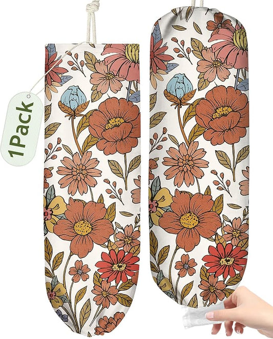 Plastic Bag Holder Organizer - 1 Pack Reusable Canvas Grocery Bags Holder Hanging Wall Cute Aesthetic Shopping Bag Storage Dispenser with Drawstring Closure for Kitchen Home, Retro Flower