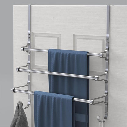 CANYAVE Over The Door Towel Rack, Over Door Towel Rack for Bathroom Door, Triple Towel Storage Holder with Hooks (Silver)