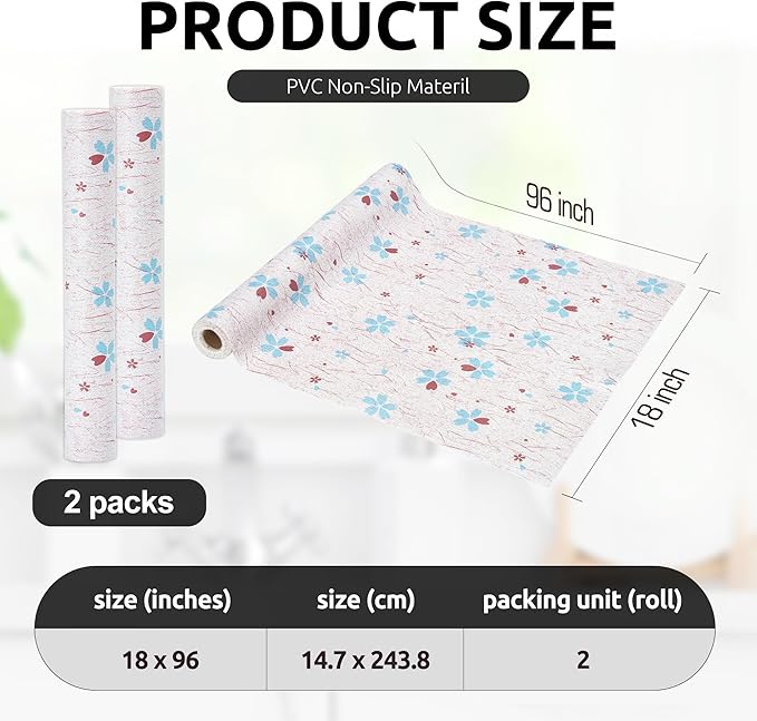 RAY STAR 18X96 Inch Shelf Liner for Kitchen Cabinets, Non-Adhesive Cabinet Liner Washable, PVC Drawer Liner for Dresser Non-Slip Bathroom (Blue-Floral)(2 Roll)