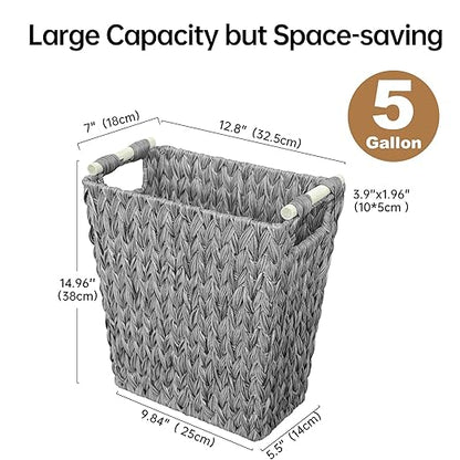 Endymion Grey Wicker Trash Can,5 Gallon Woven Waste Basket with Wood Handles,Slim Waterproof Wicker Trash Bin for Bathroom,Bedroom,Office
