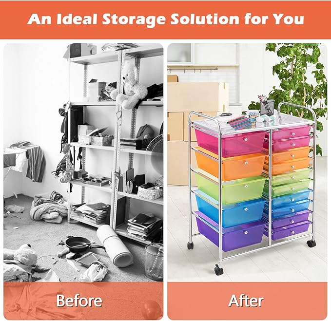 KOTEK 15-Drawer Rolling Storage Cart, Multipurpose Mobile Utility Cart with 4 Wheels, Home Office School Tools Scrapbook Paper Organizer (Multicolor)